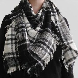 Plaid blanket scarf black white gray square scarf raw fringe edge